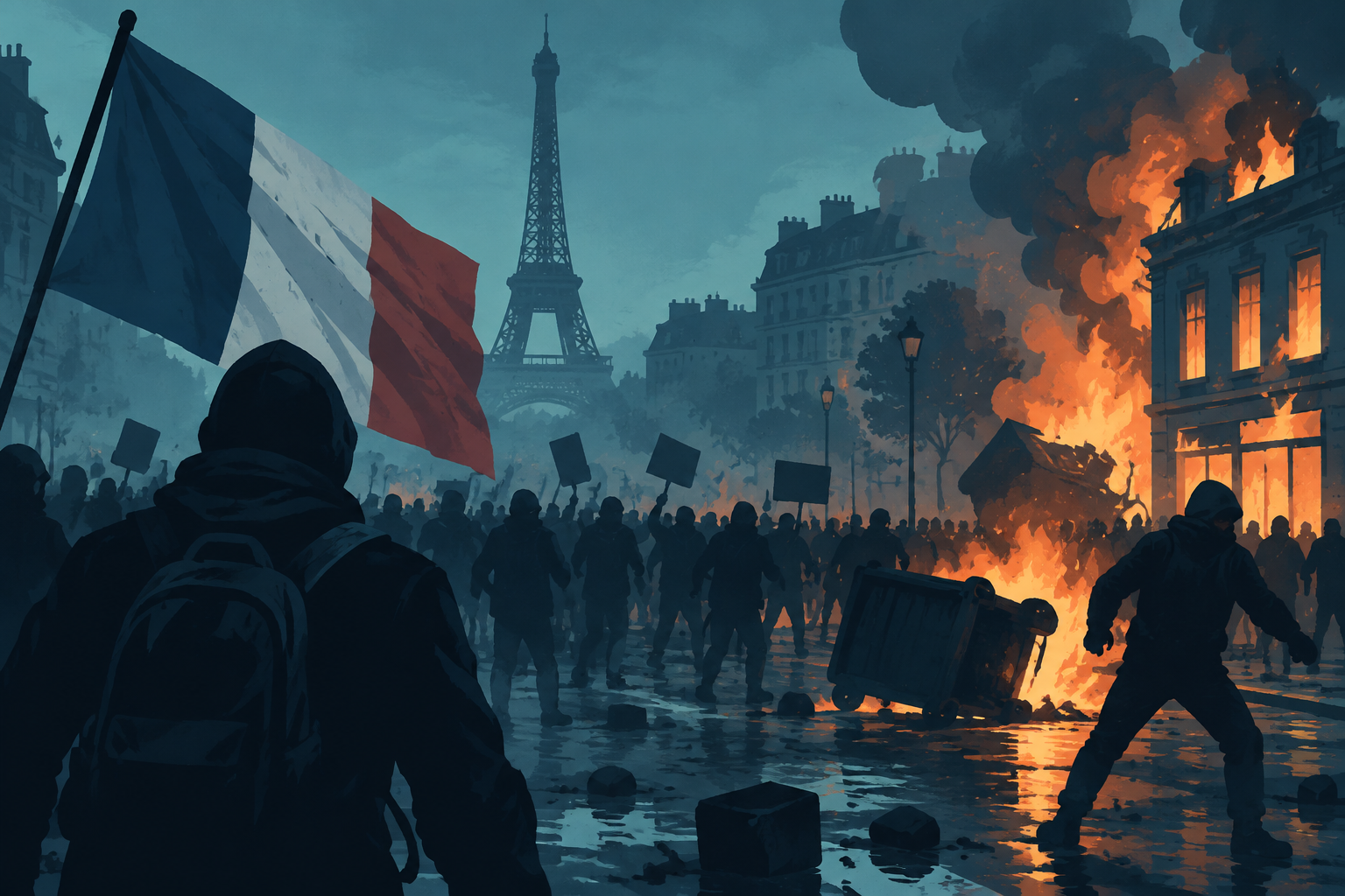 Illustration éditoriale : Violent clashes, looting and buildings ablaze in France as over 1,000 arrested after protests