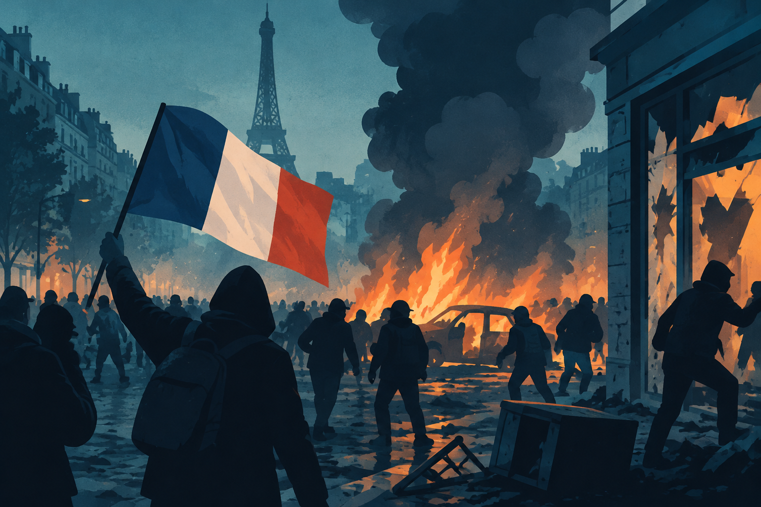 Illustration éditoriale : How day of protests unfolded as disorder breaks out across France