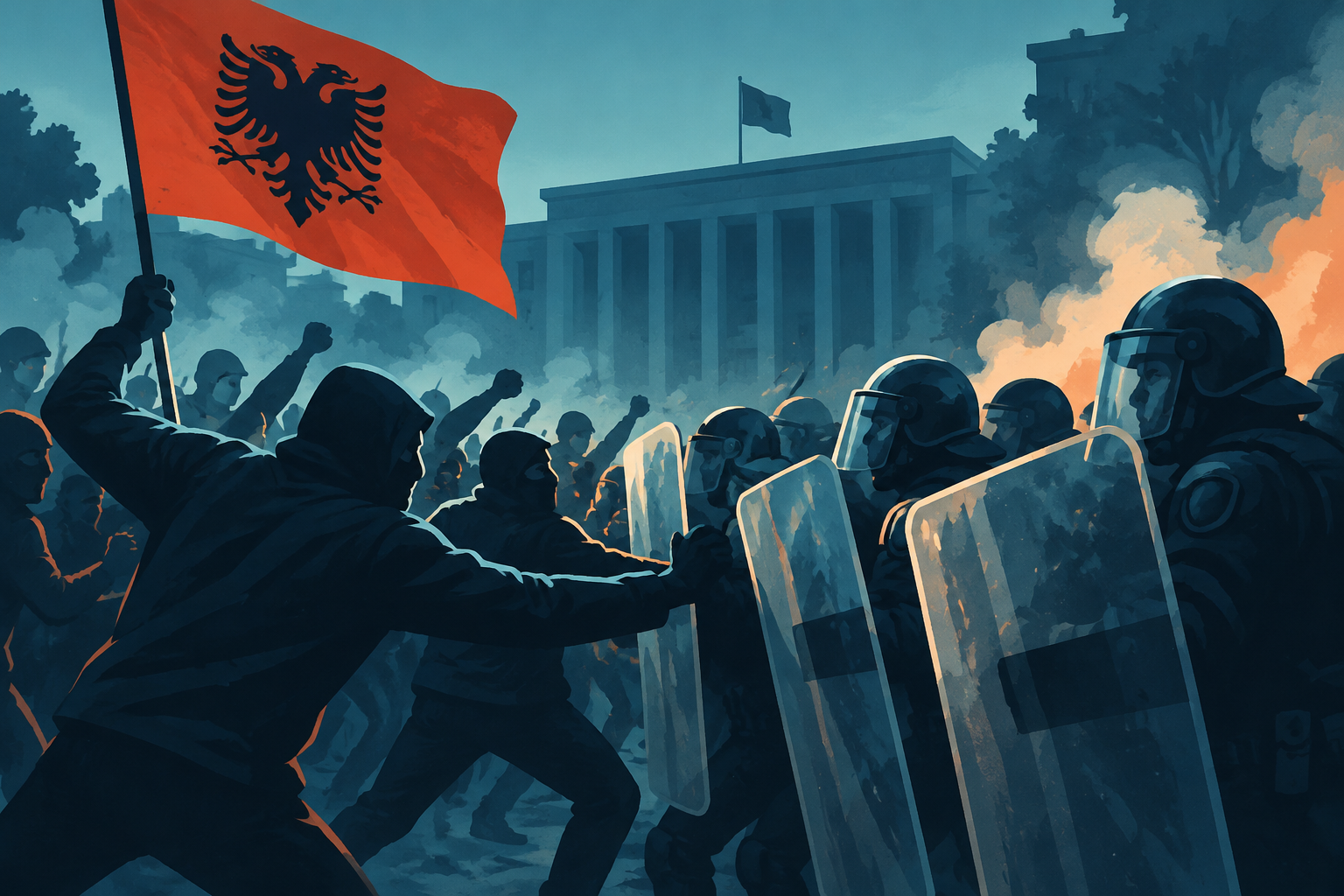 Illustration éditoriale : Anti-government protesters battle with police in Albania
