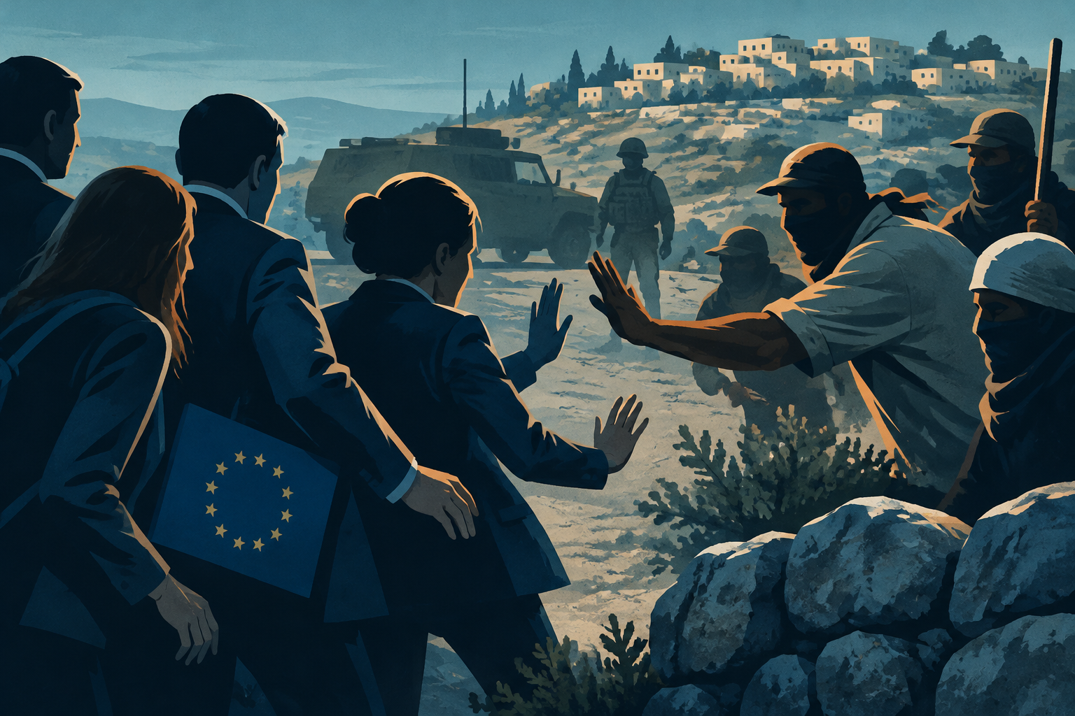 Illustration éditoriale : European diplomats attacked by Israeli settlers in West Bank