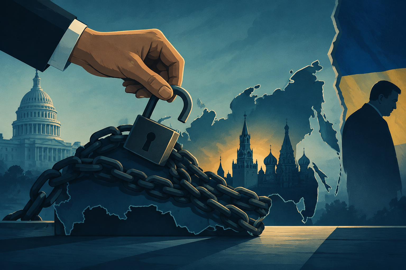 Illustration éditoriale : Trump waives several Russia sanctions as row with Zelensky intensifies